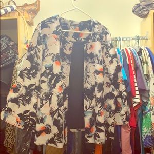 Floral blazer in pink black and teal. Lane Bryant